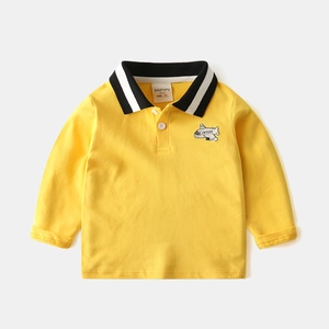 Polo jaune à manches longues pour enfant avec col rayé et broderie avion