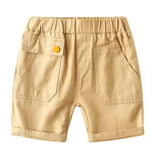 Khaki boys casual cotton shorts with elastic waist and yellow button accent for summer