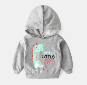 Detailed close-up of gray kids hoodie with green cartoon dinosaur print and ribbed cuffs