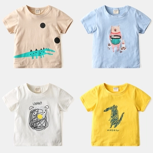 Kids Cotton Blend Short Sleeve T-Shirt Korean Style Boys Cartoon Print Round Neck Summer Casual Breathable Baby Top