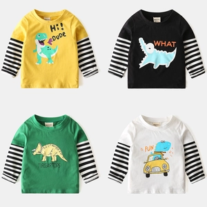 Toddler Boy Cartoon Dinosaur Crocodile Print Long Sleeve T-Shirt Patchwork Striped Fake Two Piece Cotton Casual Pullover Top