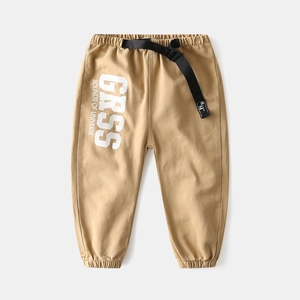 Boys khaki cotton joggers with elastic waist and stylish GRSS letter print design