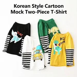Set of four boys long sleeve cotton t-shirts with cartoon prints and striped sleeves