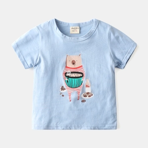 Light blue cotton t-shirt for kids featuring a cute cartoon bear baking illustration