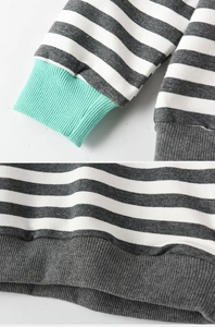 Detail view of striped sweatshirt with mint green ribbed cuffs and dark grey hem stitching