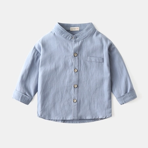 Flat lay of boys light blue long sleeve shirt with mandarin collar and wood buttons