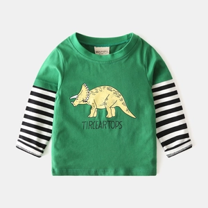 Kids long sleeve t-shirt in green with striped sleeves and cartoon triceratops print