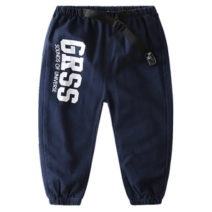 Boys loose navy blue joggers with letter print and elastic waist buckle belt
