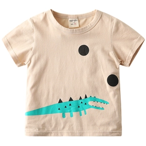 Beige cotton kids short sleeve T-shirt with a cute mint green cartoon crocodile print