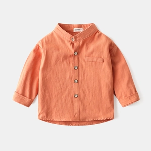 Boys coral orange long sleeve shirt with mandarin collar and cotton linen texture