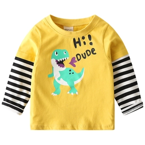 Kids long sleeve yellow T-shirt with cartoon dinosaur and striped sleeves on white background
