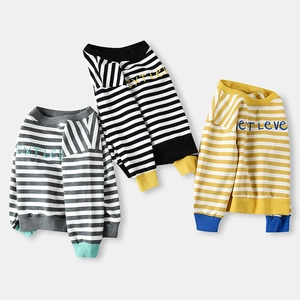 Kids Boys Striped Sweatshirt Cotton Blend Pullover With Letter Embroidery Casual Long Sleeve Top For Children Daily Wear
