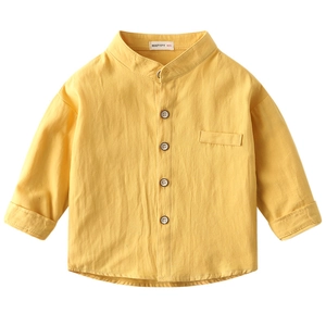 Kids long sleeve ginger cotton linen shirt with stand collar and front pocket