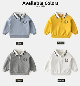Collage of kids polo sweatshirts in blue, yellow, grey, and white with logo embroidery