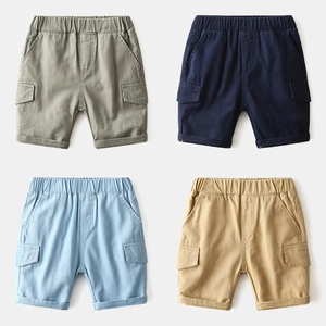 Boys Cargo Shorts Cotton Blend Elastic Waist Summer Casual Workwear Style Five-Point Pants Comfortable Kids Solid Color Shorts