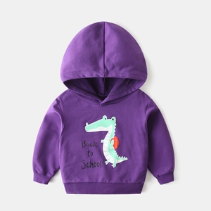 Purple children's hoodie with a green cartoon crocodile and Back to School print