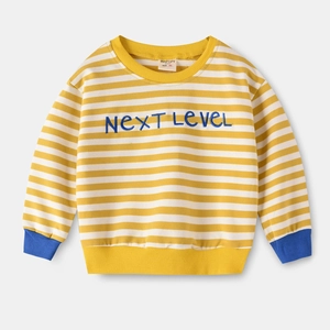 Yellow and white striped boys pullover sweatshirt with Next Level blue embroidery