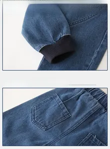 Detail view of elastic ribbed cuffs and rear square pocket on kids denim jeans