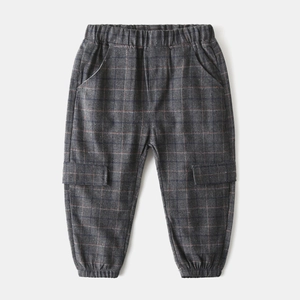 Dark grey plaid cargo pants for boys featuring elastic waist and stylish ribbed cuffs