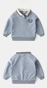 Detail view of light blue toddler sweatshirt showing polo collar and embroidery