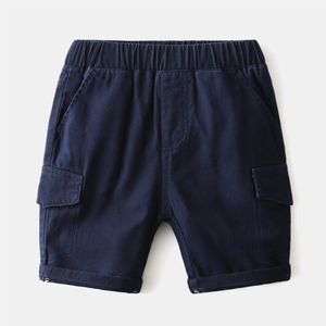Classic dark blue boys cargo shorts with elastic waist and functional side pockets