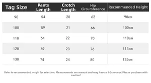 Detailed size chart for boys denim trousers showing length and hip measurements for 90-130cm