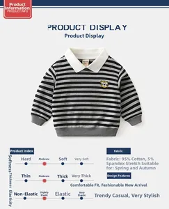 Detail of boys' striped sweatshirt featuring white polo collar and tiger embroidery