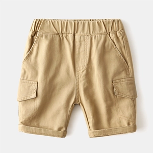 Classic khaki cotton cargo shorts for boys with elastic waist and side utility pockets