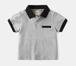 Close-up of boys' grey knit polo shirt with black ribbed collar and branded inner tag