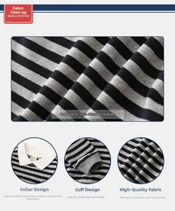 Close-up of black striped cotton polo shirt featuring white collar and ribbed cuffs for boys
