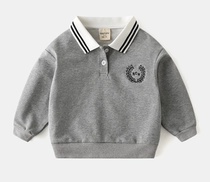 Detail of grey polo collar sweatshirt featuring white embroidery and buttoned neckline