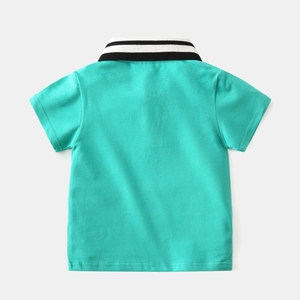 Back view of a turquoise boys' polo shirt with a black and white striped ribbed collar