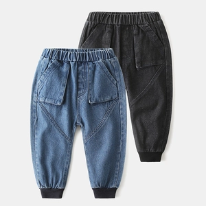 Boys Casual Cotton Denim Jogger Pants Elastic Waist Large Pockets Solid Color Soft Long Jeans For Toddler Kids Everyday Wear
