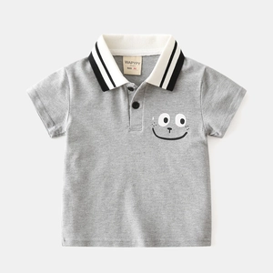 Classic grey boys cotton polo shirt with striped collar and smiley face print for summer