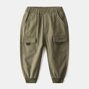 Army green kids cargo pants with elastic waist and embroidered side pockets