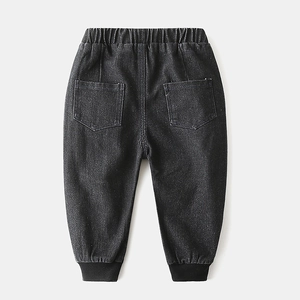 Kids casual dark grey denim joggers with elastic waist and ribbed ankle cuffs