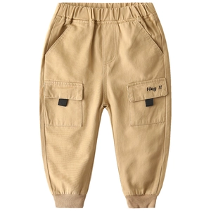 Kids khaki cargo pants with elastic waist and Hey embroidery on side pocket detail