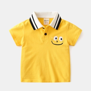 Toddler boys stylish bright yellow polo shirt with white collar and cartoon face