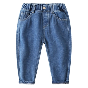 Casual mid-blue denim pants for boys with elastic waist and classic metal button detail