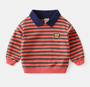 Detail of boys' striped sweatshirt with polo collar and cute tiger head embroidery