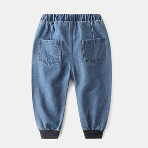 Blue denim joggers for kids with elastic waistband and ribbed ankle cuffs back view