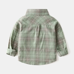 Classic green plaid long sleeve cotton shirt for boys featuring a back pleated design