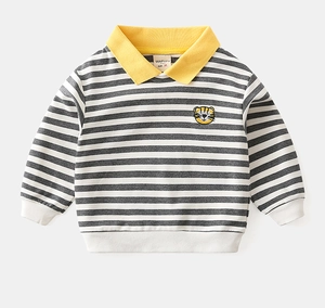 Detail of yellow collar and tiger embroidery on grey striped toddler sweatshirt