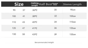 Detailed size chart for boys long sleeve shirt including length and chest measurements