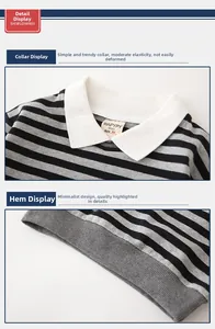 Detail view of boys striped polo sweatshirt showing the contrast collar and ribbed hem