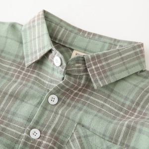 Boys green and cream plaid long-sleeved shirt with classic collar and button-up front