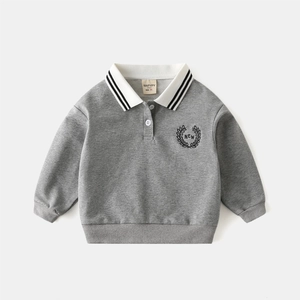 Grey boys polo sweatshirt with white collar and wheat embroidery in a flat lay view