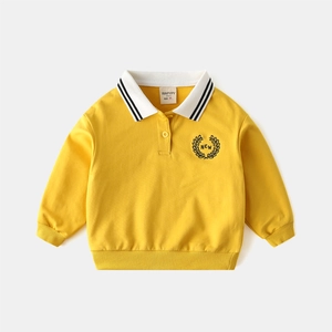 Classic yellow cotton polo sweatshirt for boys with white ribbed collar and chest embroidery