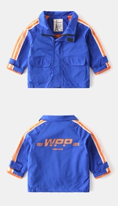 Detailed front and back view of blue kids windbreaker with orange stripes and pockets