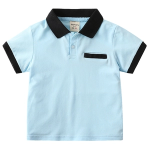 Light blue boys short sleeve polo shirt with black contrast collar and small chest pocket
